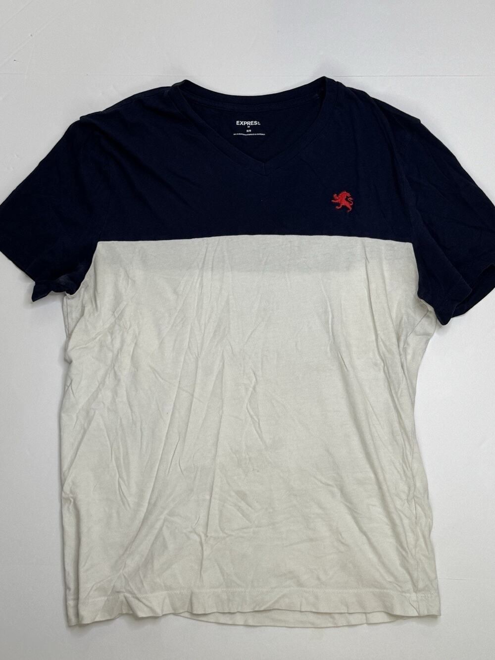 Express Mens M Colorblock V Neck T Shirt Navy White Red Lion Logo Cotton